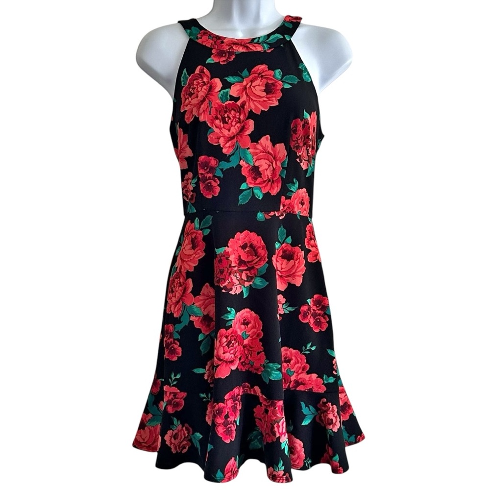 BCX Floral Mini Dress Fit and Flare Halter Black Red Green Size 3 NWT